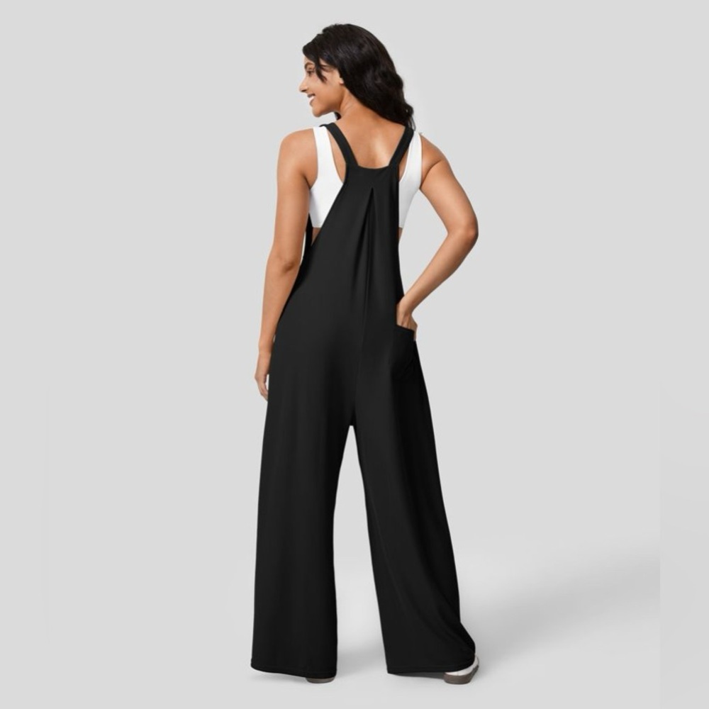 Halara Black Adjustable Strap Button Multiple Pockets Waffle Overalls - Picture 5 of 10